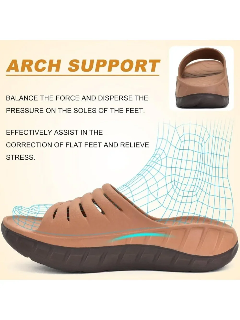 Men's Khaki Brown Recovery Orthotic Arch Support Open Toe Slides Slipper Shoes